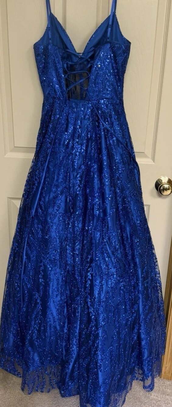 Blondie Nites Jr Size 5 Royal Blue Glitter-Mesh Corset Lace-Up Dress Pockets - Picture 9 of 16